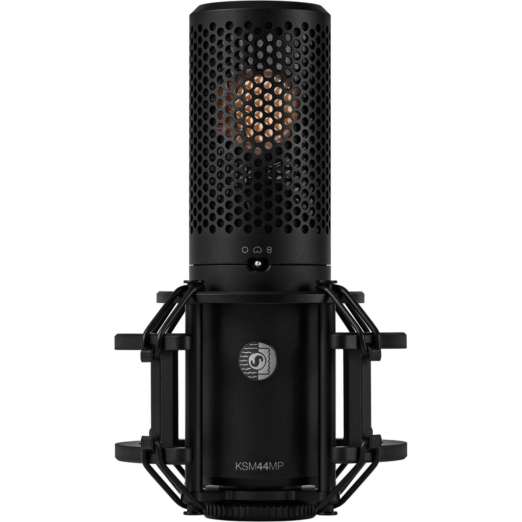 Shure KSM44MP condenser microphone with dual diaphragm and professional studio design, suitable for vocals and instruments.