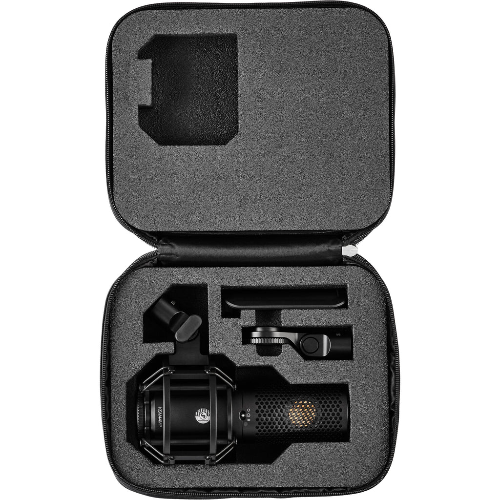 Shure KSM44MP condenser microphone with multiple pickup patterns and professional audio recording capabilities.