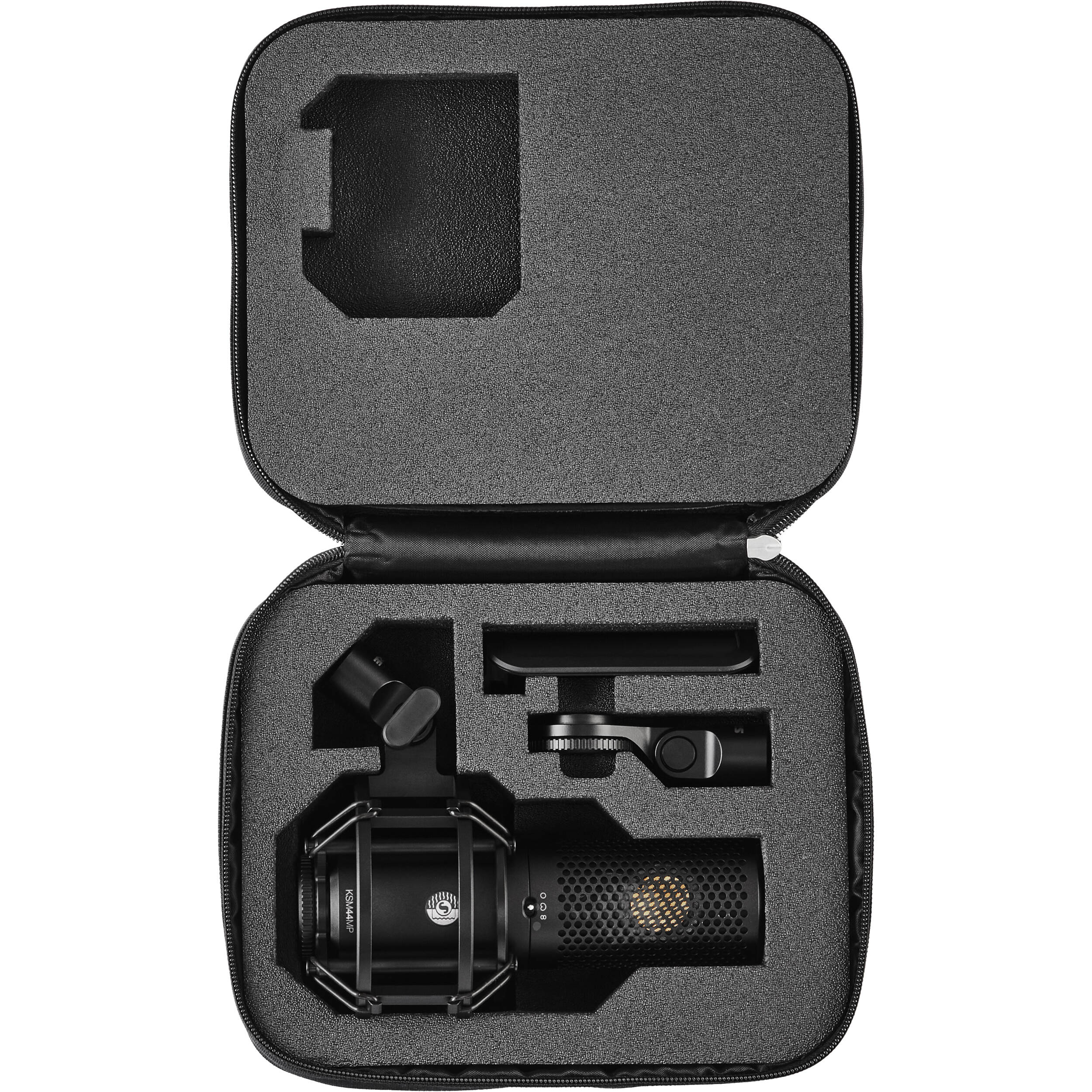 Shure KSM44MP condenser microphone with multiple pickup patterns and professional audio recording capabilities.