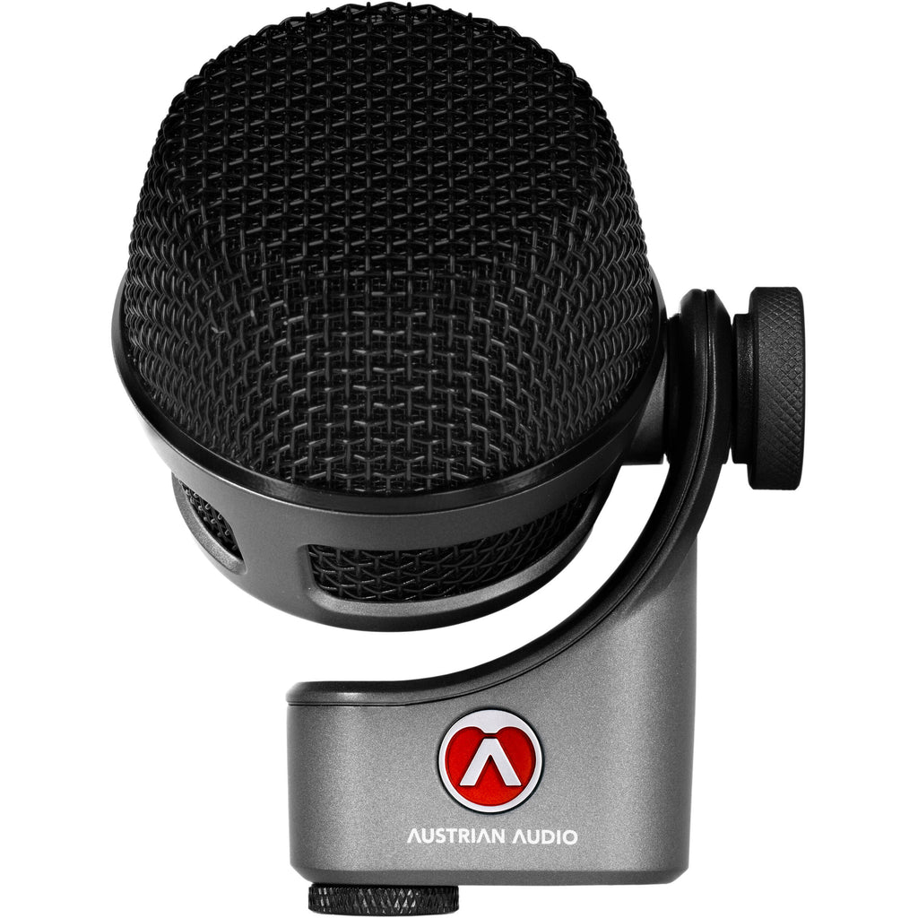 Austrian Audio OC-B6 condenser microphone with black body and silver grille, angled view showing professional audio equipment.