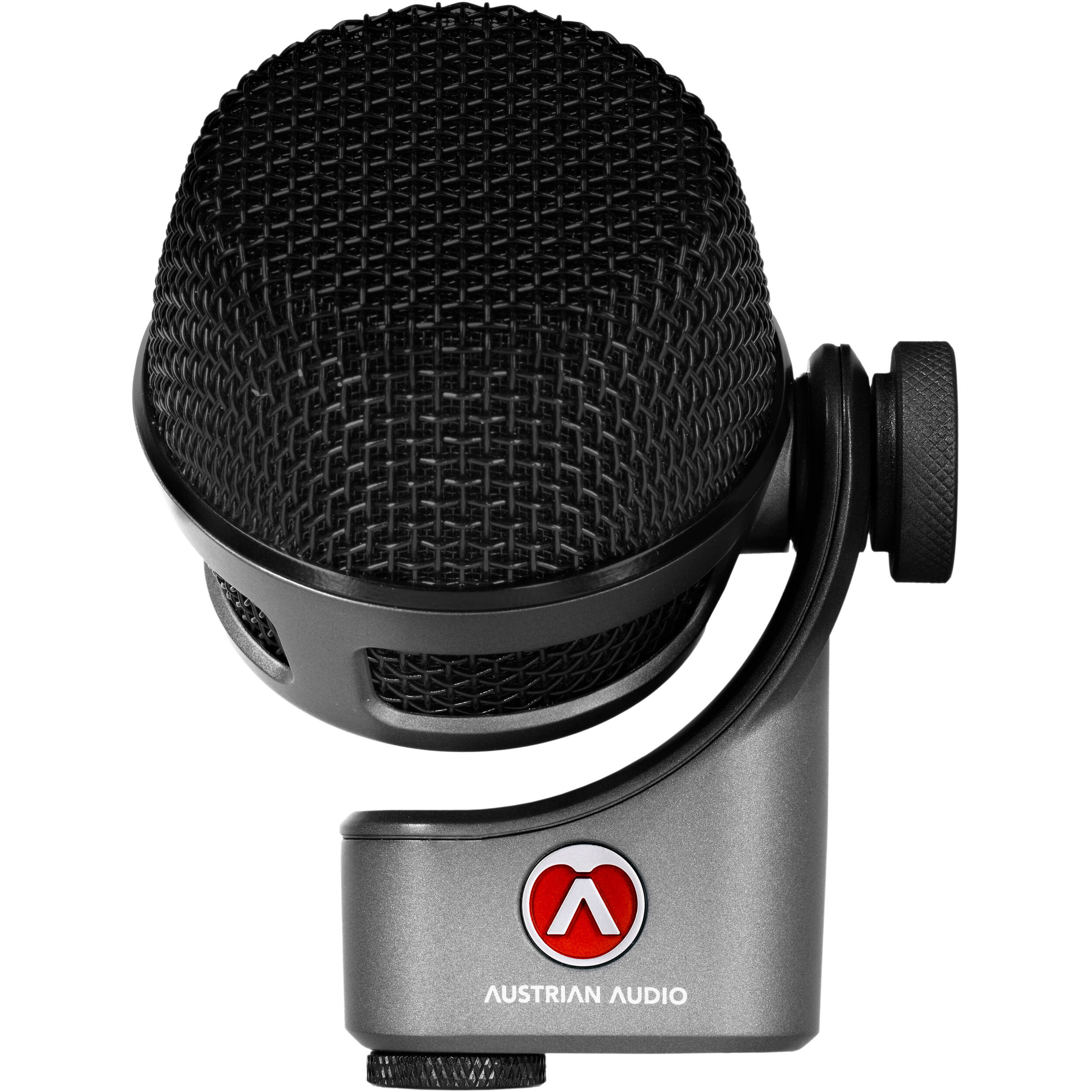 Austrian Audio OC-B6 condenser microphone with black body and silver grille, angled view showing professional audio equipment.