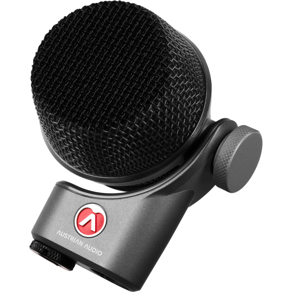 Austrian Audio OC-B6 condenser microphone with gold grille, black body, ready for professional studio or recording use.