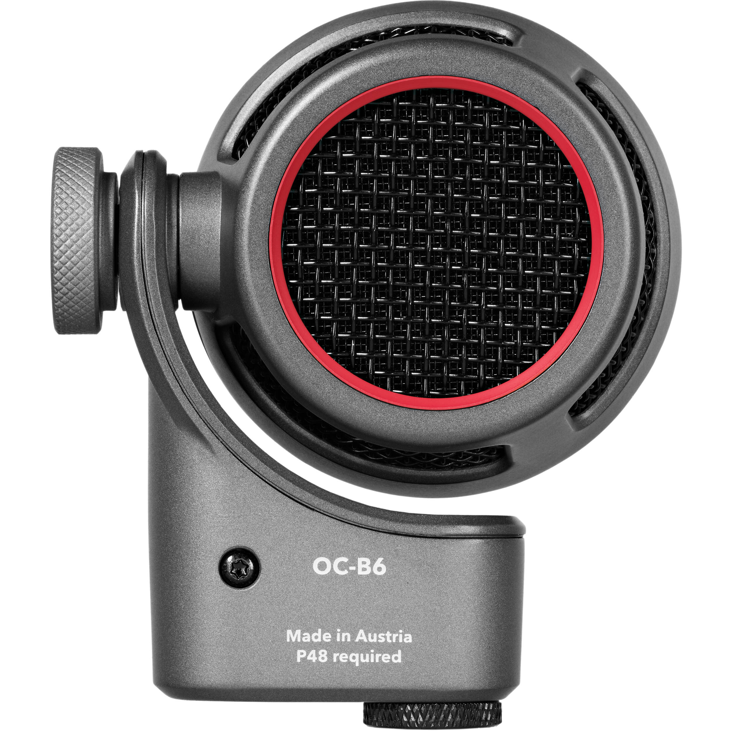 Austrian Audio OC-B6 condenser microphone with black body and silver grille, mounted on a stand for studio recording.
