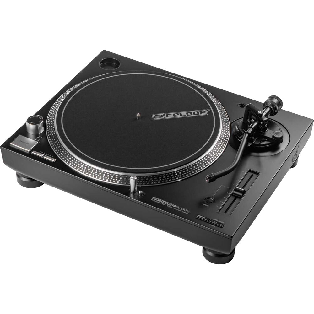 Reloop RP-5000 MK4 DJ turntable with black platter and tonearm, showcasing professional audio equipment for DJing and mixing.