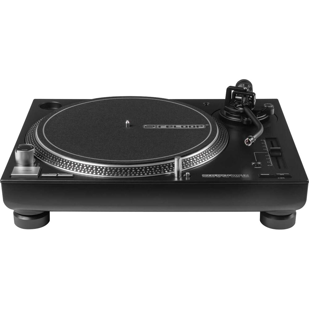 Reloop RP-5000 MK4 DJ turntable with a sleek black design and adjustable tonearm, suitable for professional DJ setups.