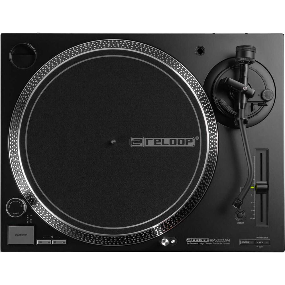 Reloop RP-5000 MK4 DJ turntable with black matte finish, pitch control, and slipmat for professional DJ mixing and scratching.