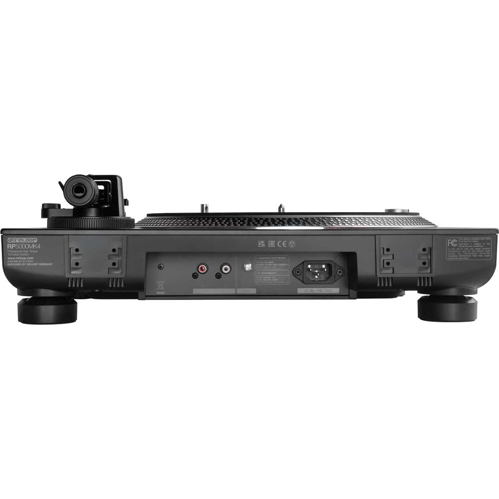 Reloop RP-5000 MK4 DJ turntables with black platters and control knobs, designed for professional DJ setups.
