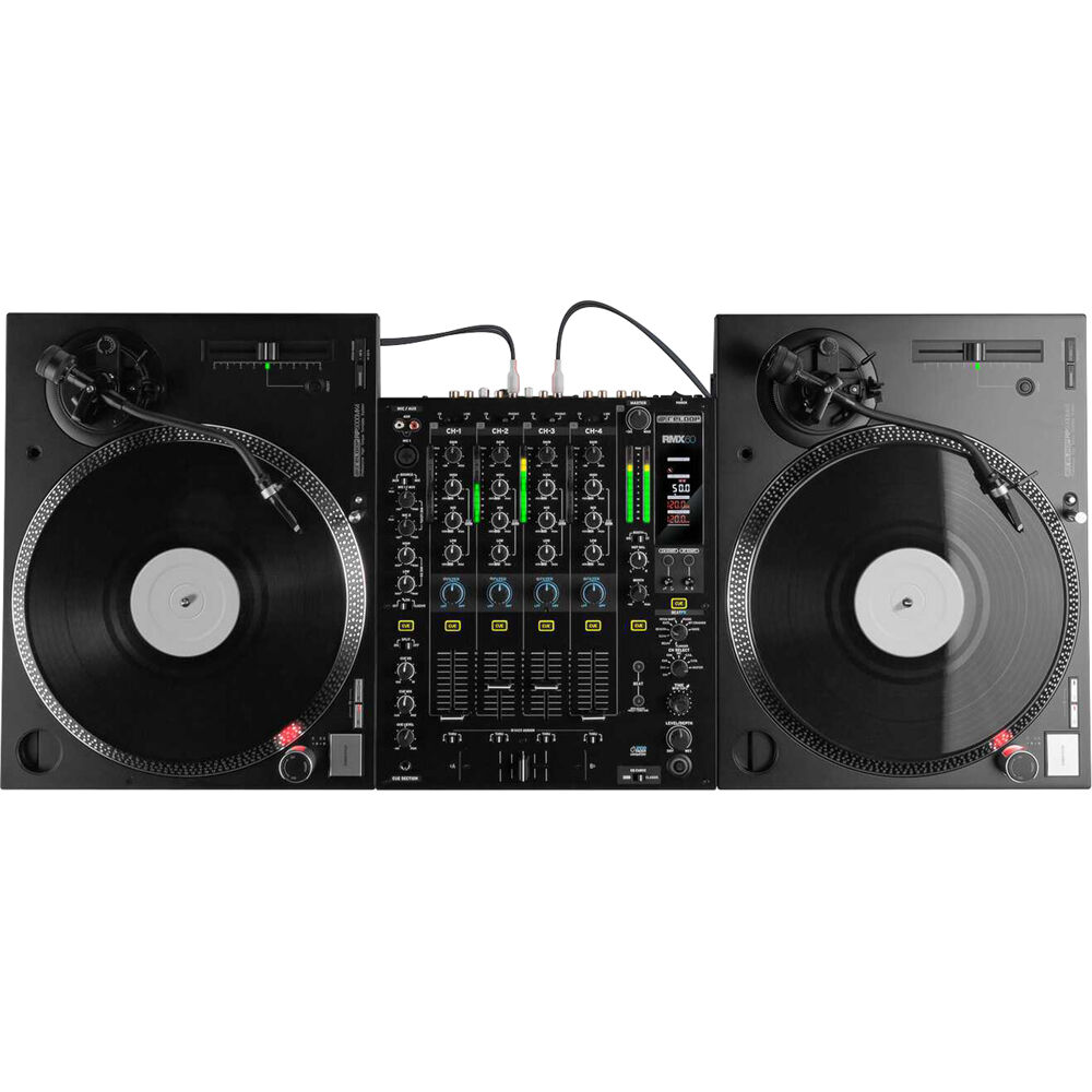 Reloop RP-5000 MK4 DJ turntable with black finish, featuring tonearm and control buttons, designed for professional DJ setups.