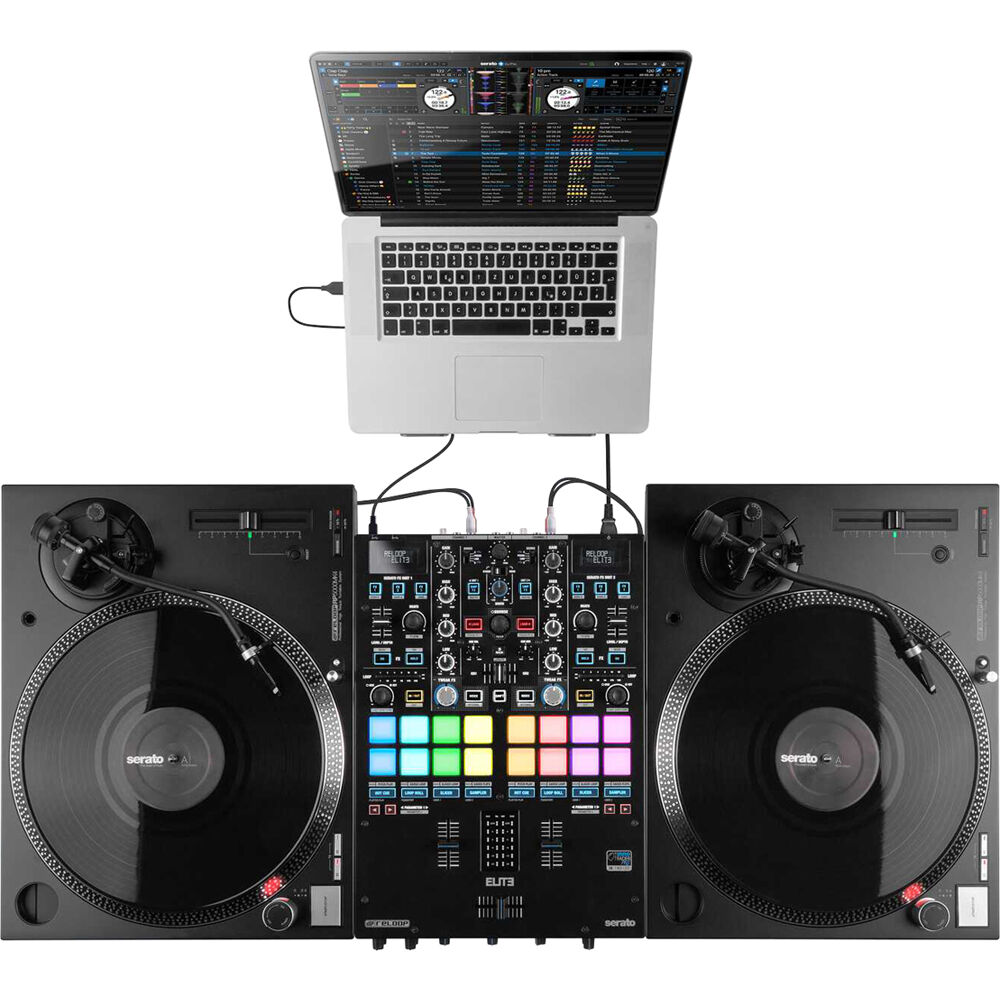 Reloop RP-5000 MK4 DJ turntable with professional tonearm and platter, used for DJ mixing and scratching.