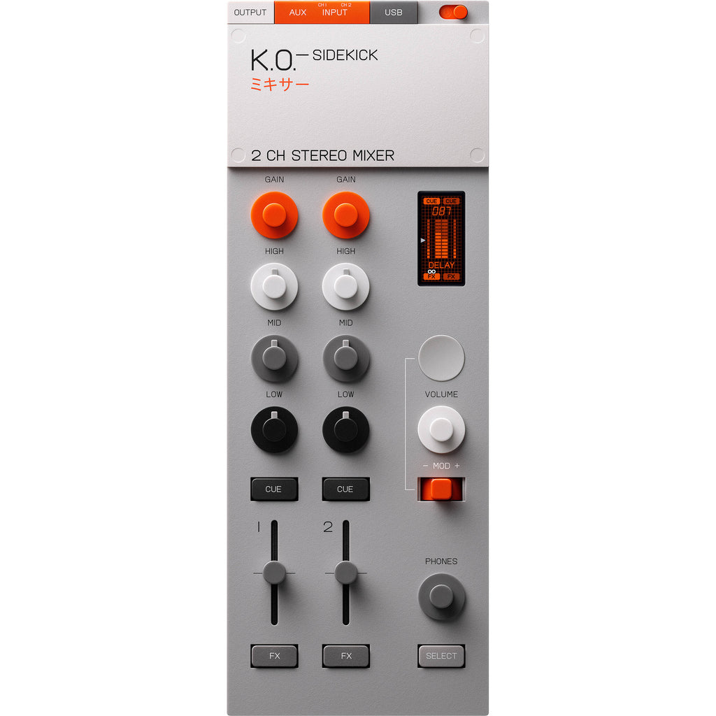 Teenage Engineering EP-136 K.O. Sidekick DJ mixer with multiple knobs and inputs for music mixing and live DJ performances.