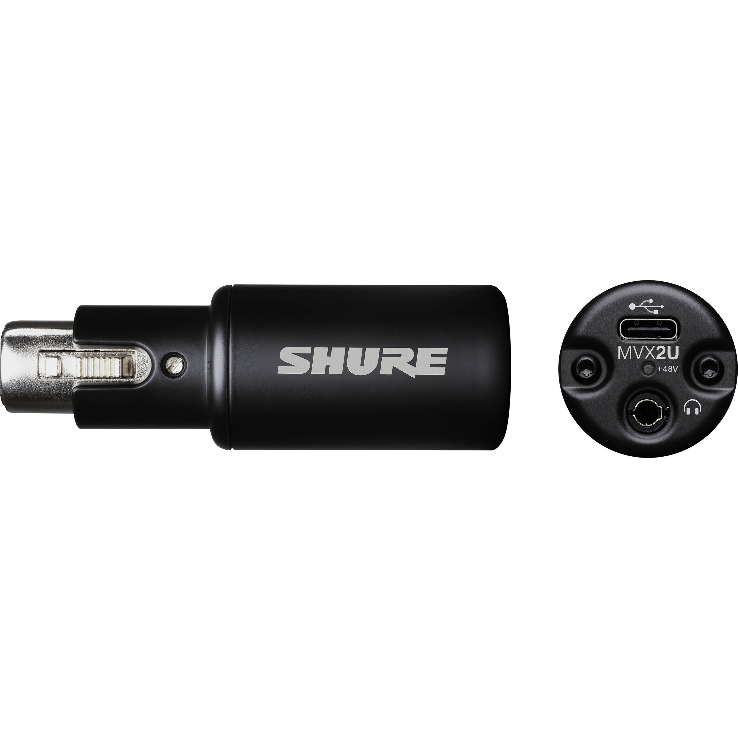 Shure MVX2U Gen 2 USB audio interface with XLR and USB connections, compact design, and professional audio equipment.