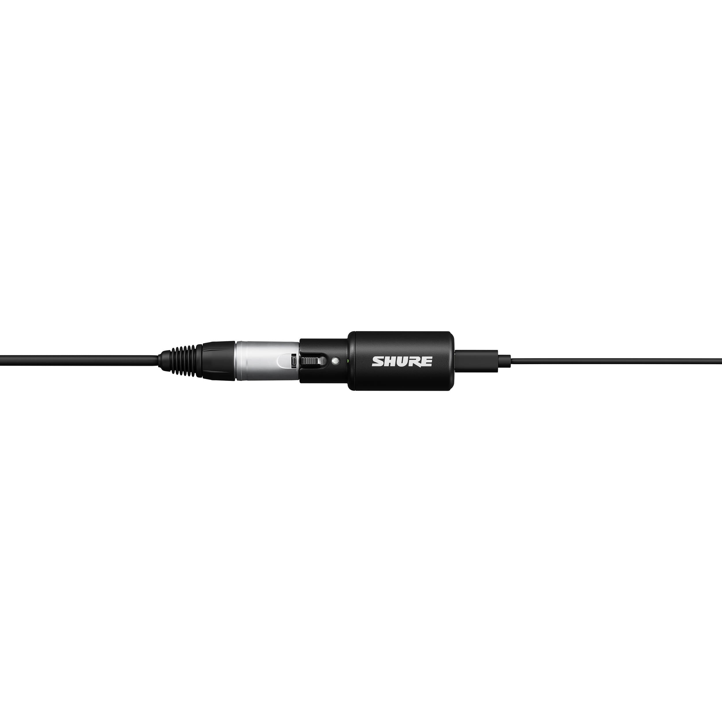 Shure MVX2U Gen 2 USB audio interface with input and output ports, compact design, and professional audio controls.