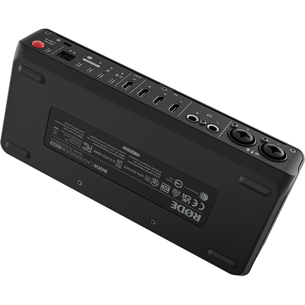 Rode RodeCaster Video Core video editing controller with multiple buttons and dials for professional audio and video editing setup.