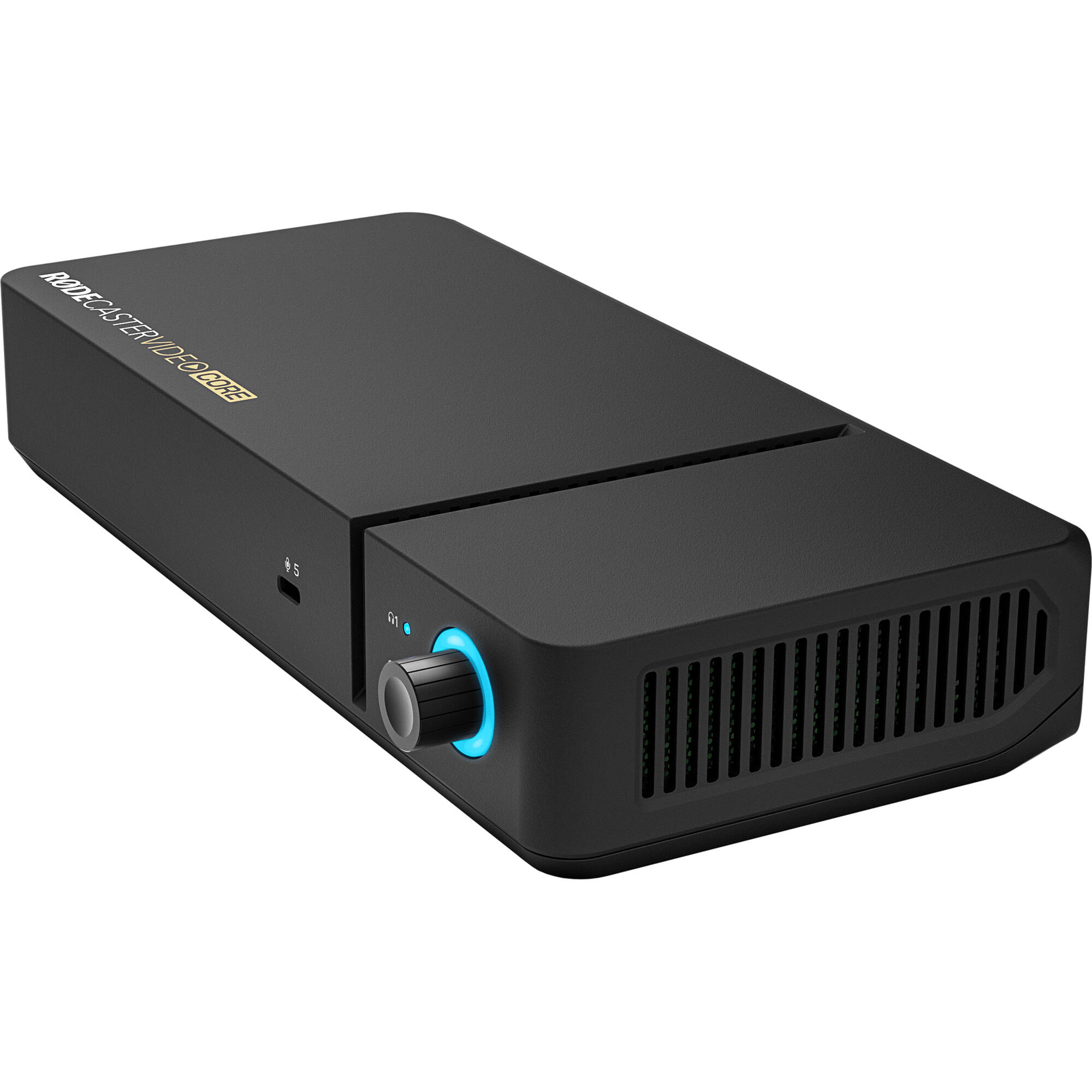 Rode RodeCaster Video Core video editing controller with multiple buttons and knobs for professional editing setup.