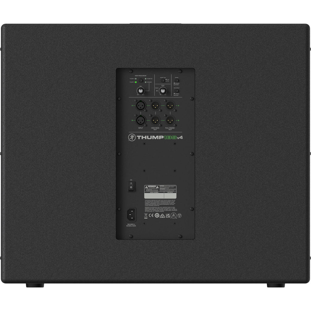 Mackie Thump18Sv4 active subwoofer, large black speaker with control panel and sturdy build, designed for powerful bass.