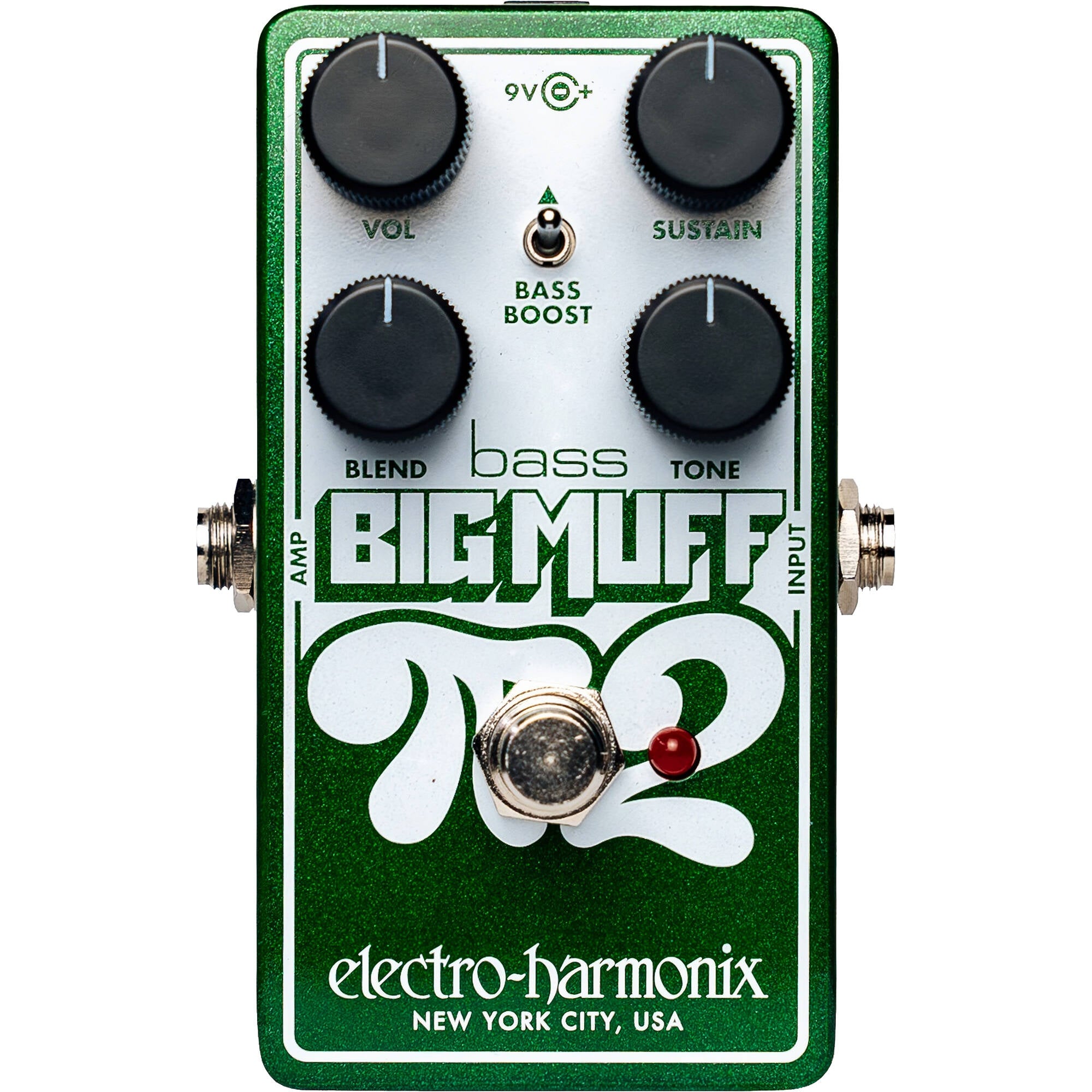 Electro Harmonix Nano Bass Big Muff Pi 2 guitar effects pedal with a compact design and control knobs on top.