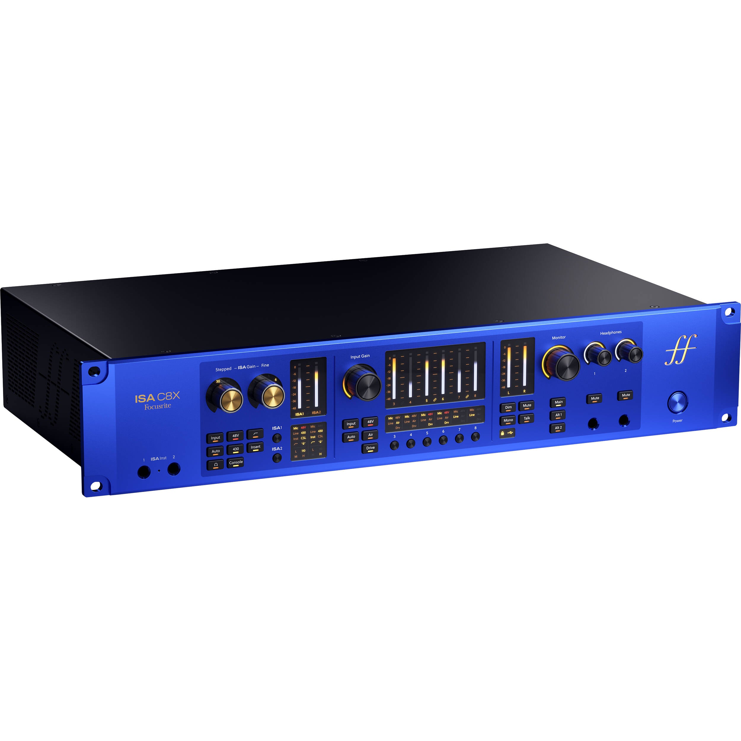 Focusrite ISA C8X USB audio interface with multiple input and output ports, compact design, and professional audio features.