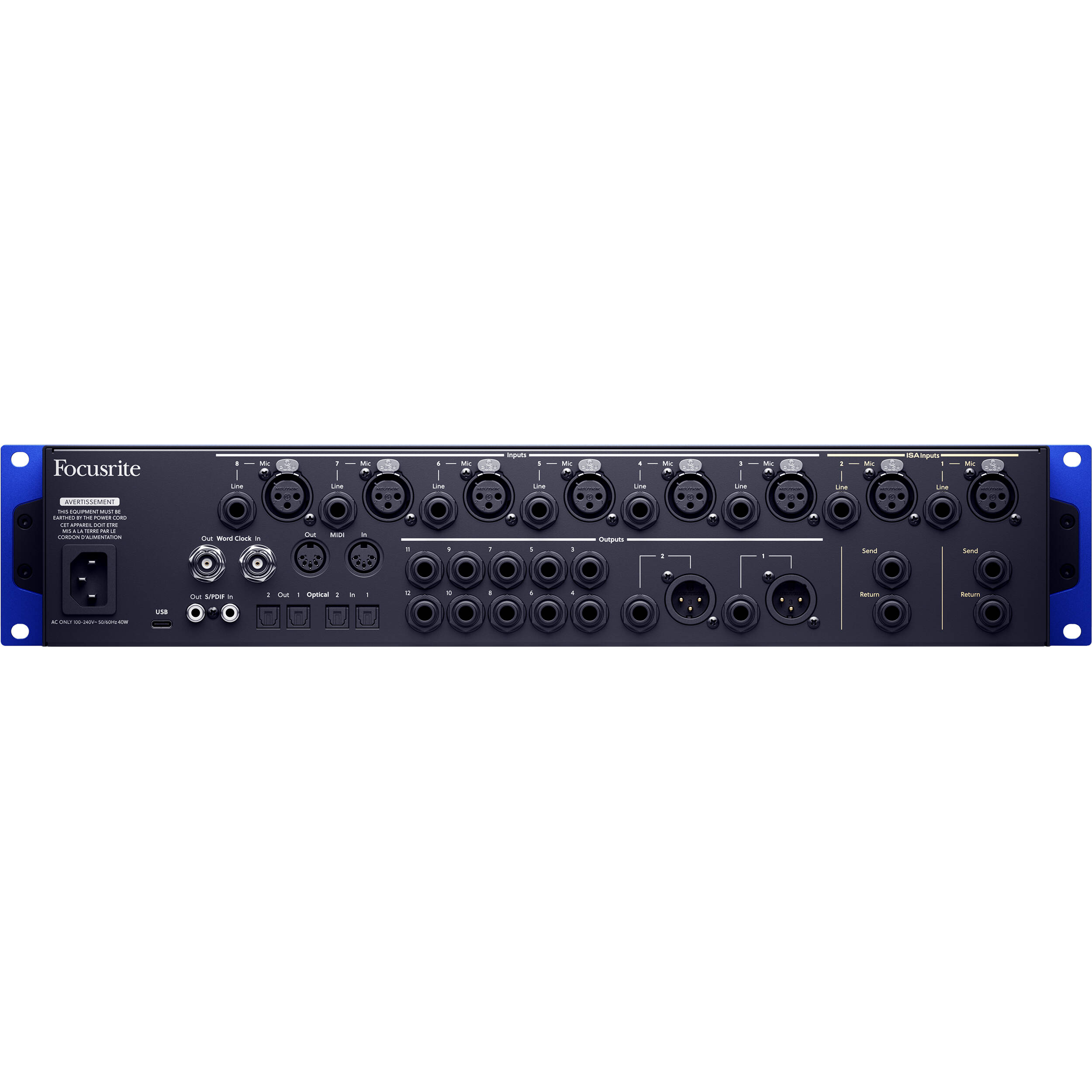 Focusrite ISA C8X USB audio interface with multiple input and output ports, compact design, and professional audio equipment appearance.
