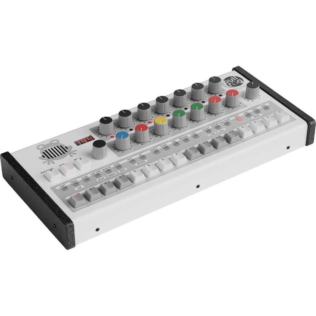 Erica Synths Bullfrog drum machine with colorful knobs and pads, designed for electronic music production and live performance.