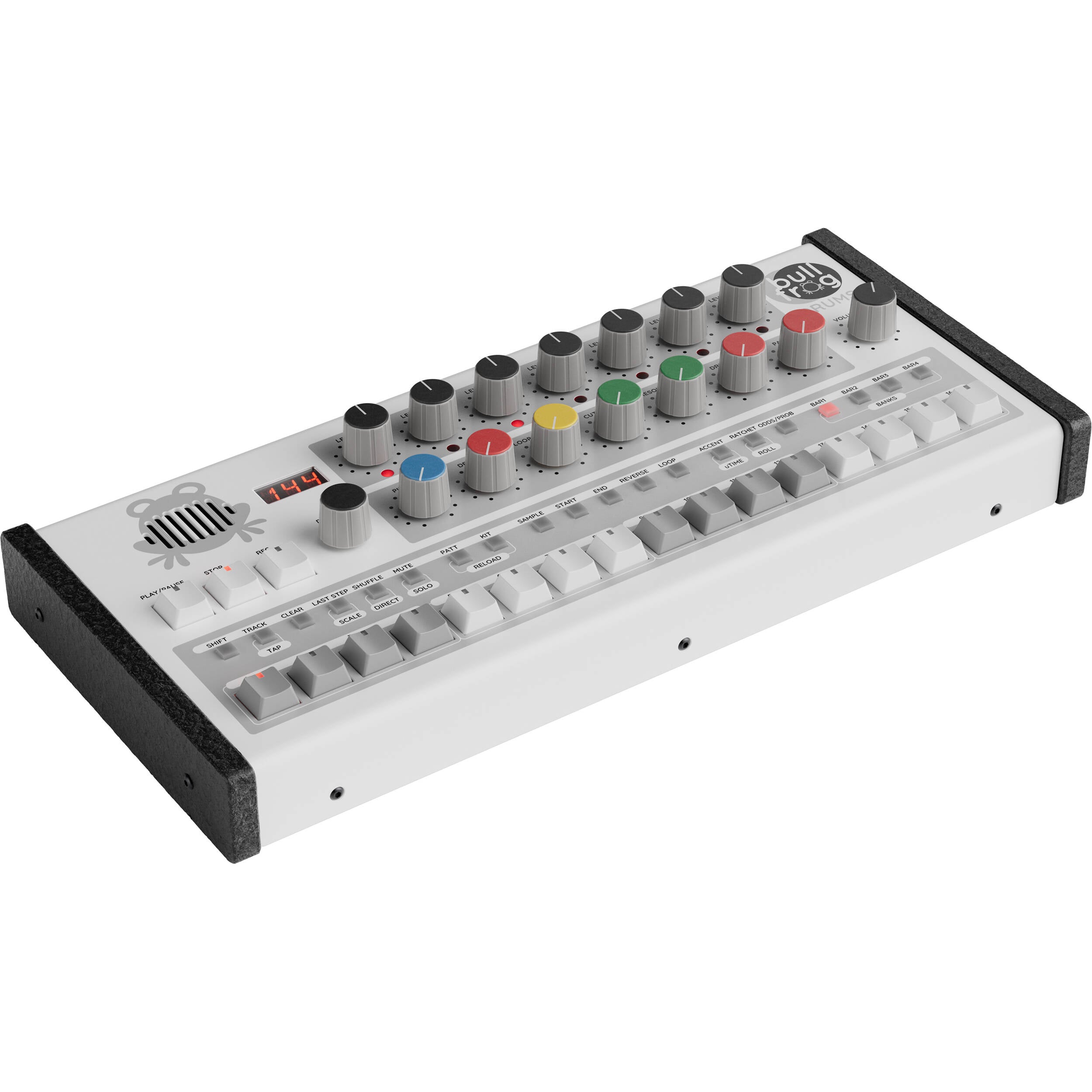 Erica Synths Bullfrog drum machine with colorful knobs and pads, designed for electronic music production and live performance.