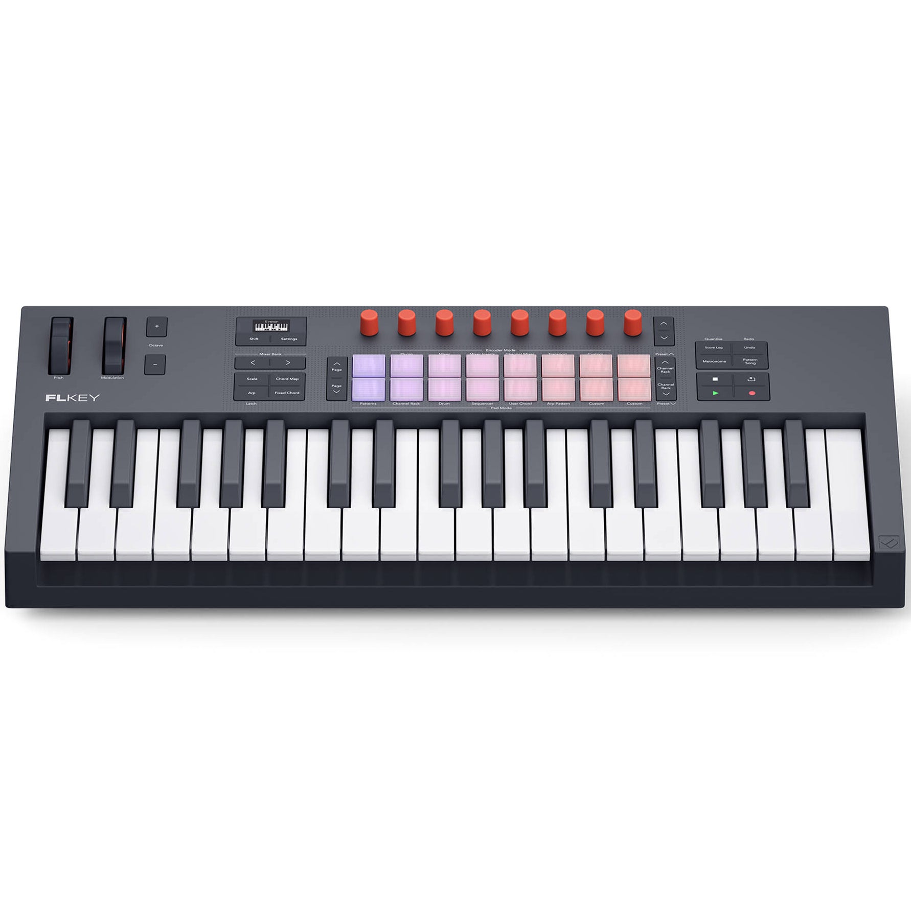 Novation FLkey 2 37 MIDI keyboard controller with keys and control knobs, designed for music production and performance.