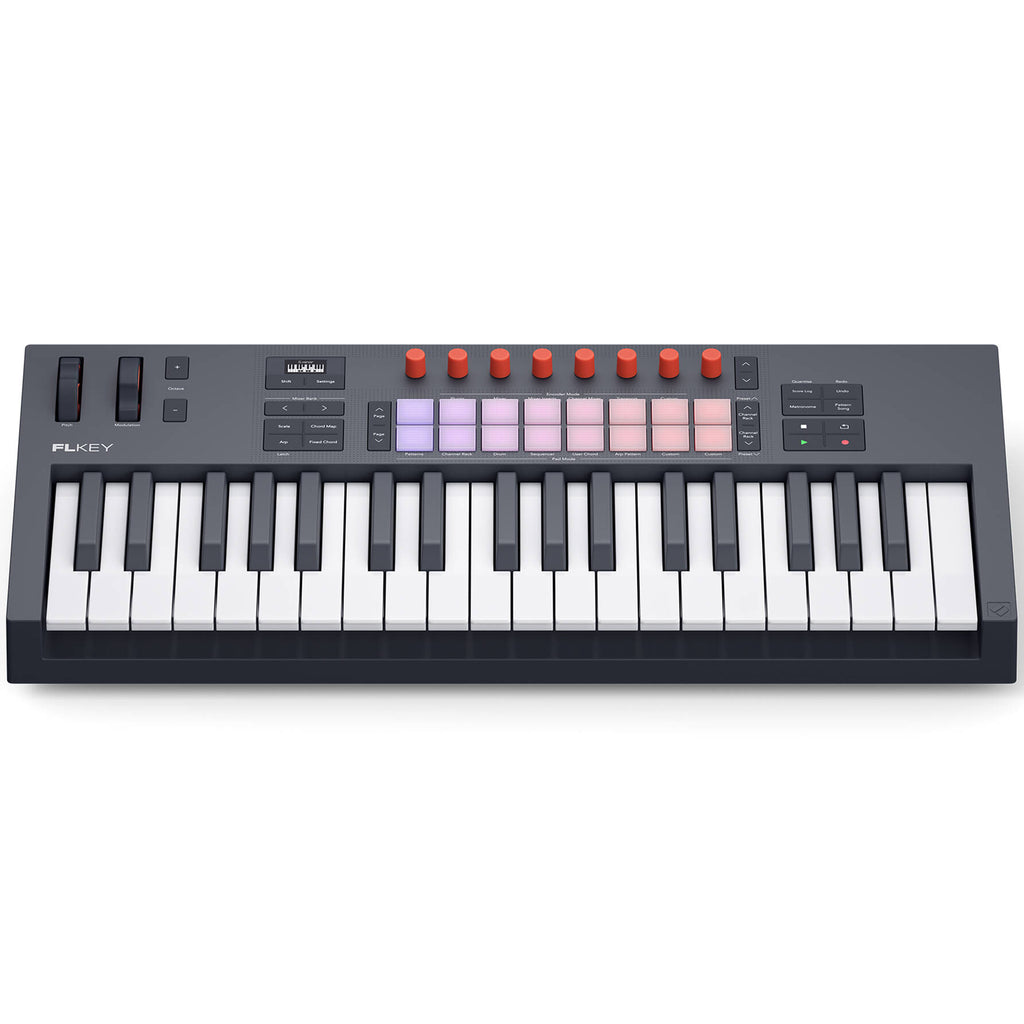 Novation FLkey 2 49 MIDI keyboard with 49 keys, control knobs, and colorful pads for music production and performance.