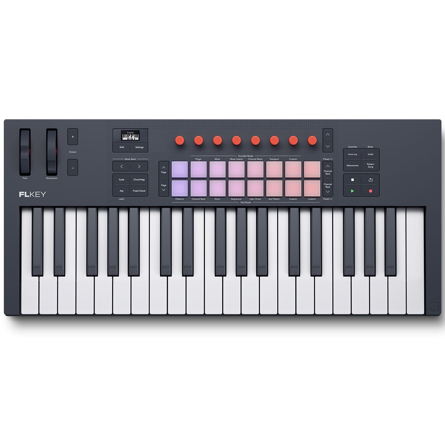 Novation FLkey 2 37 MIDI keyboard with 37 keys, compact design, and control knobs for music production and performance.