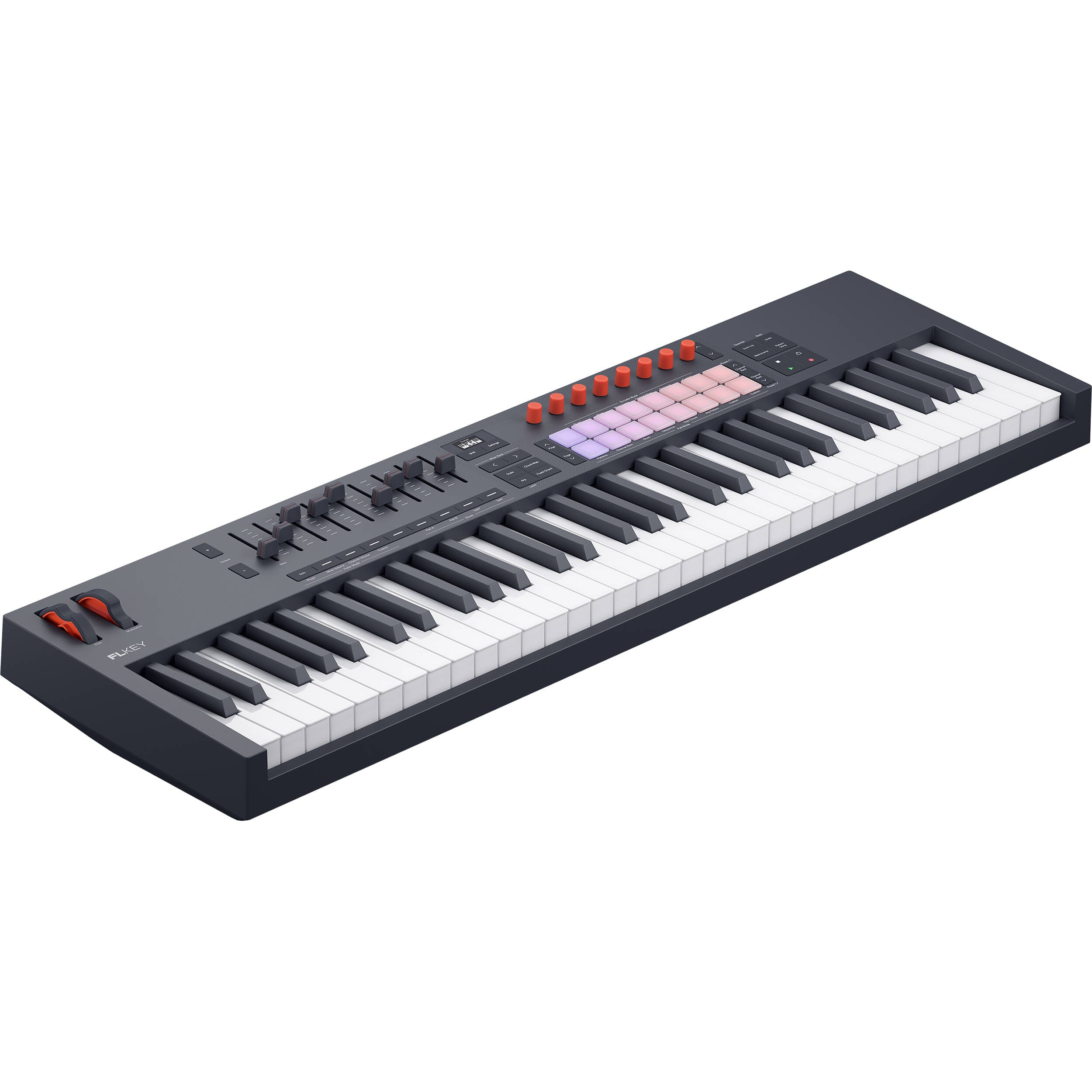 Novation FLkey 2 61 MIDI keyboard with 61 keys, featuring control knobs and pads for music production and live performance.