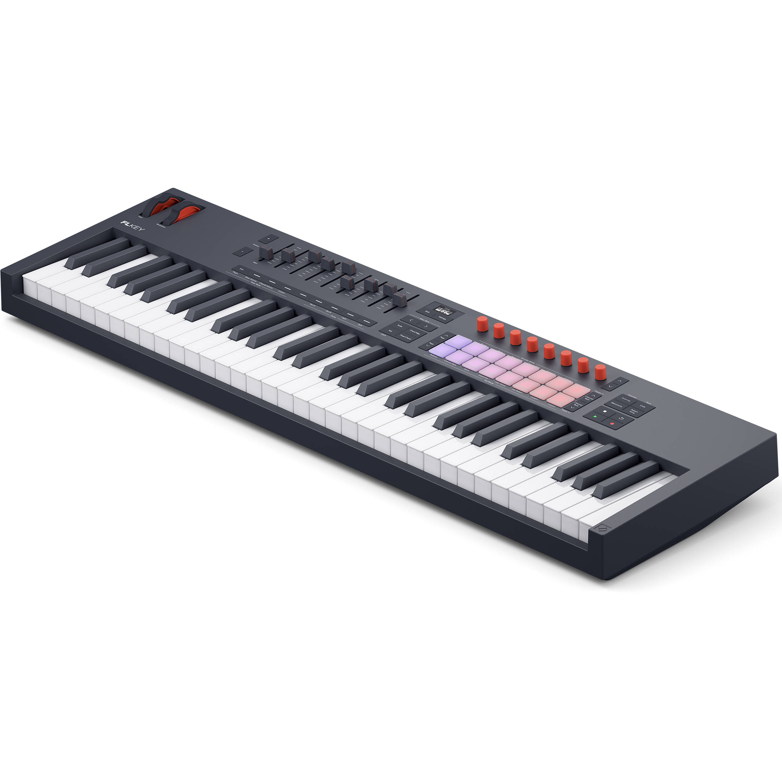 Novation FLkey 2 61 MIDI keyboard with keys, control knobs, and interface, designed for music production and performance.