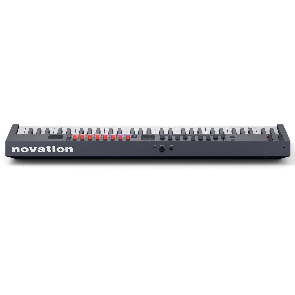 Novation FLkey 2 61 MIDI keyboard with 61 keys, colorful pads, and control knobs for music production and performance.