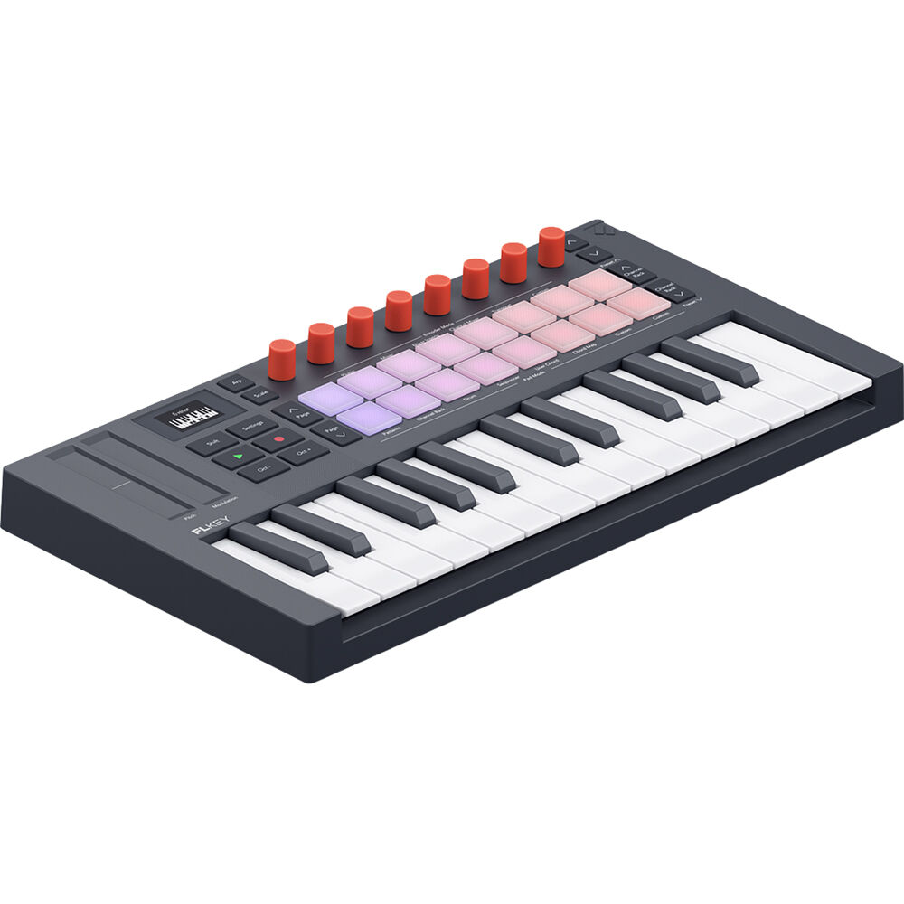 Novation FLkey 2 Mini 25 MIDI keyboard with black keys and compact design, featuring knobs and pads for music production.
