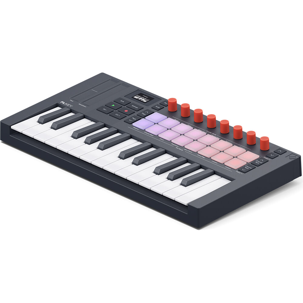 Novation FLkey 2 Mini 25 MIDI keyboard with colorful RGB pads and control knobs, compact music production controller.