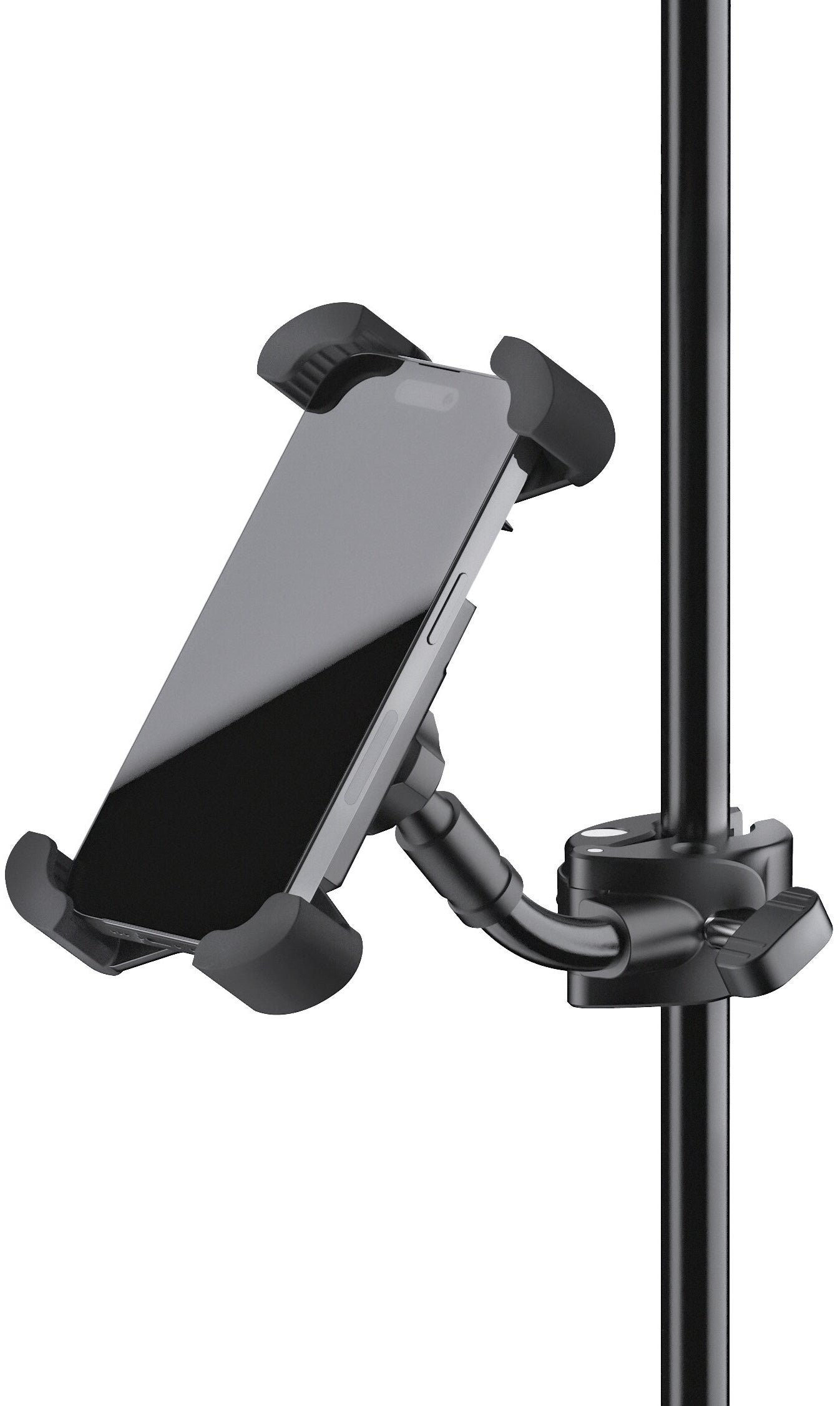 K&M 19755 smartphone holder attached to microphone stand, adjustable clip for securing smartphones during multimedia recording.