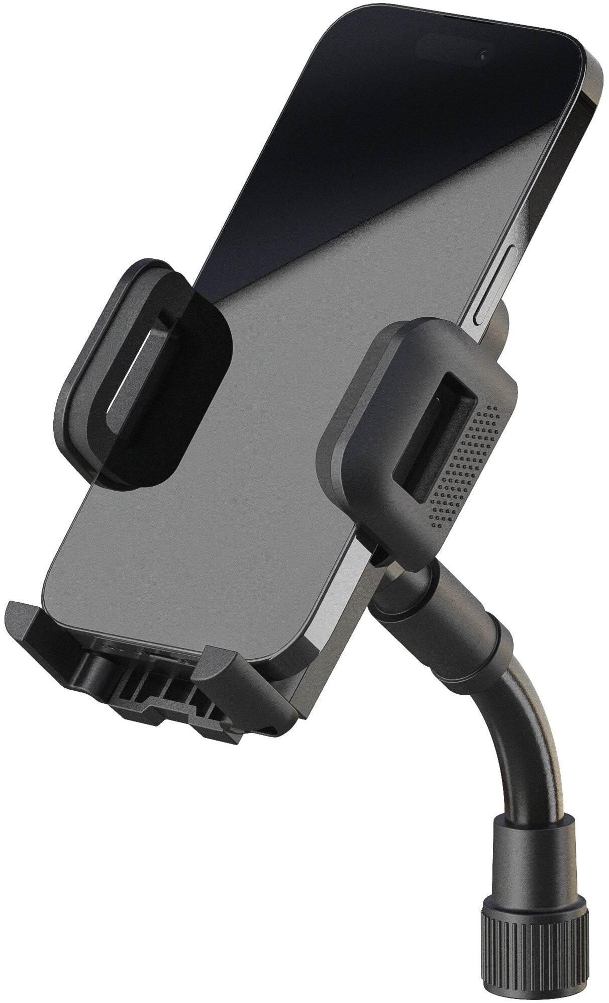 K&M 19762 smartphone holder attached to a microphone stand, adjustable multimedia stand for smartphones and devices.