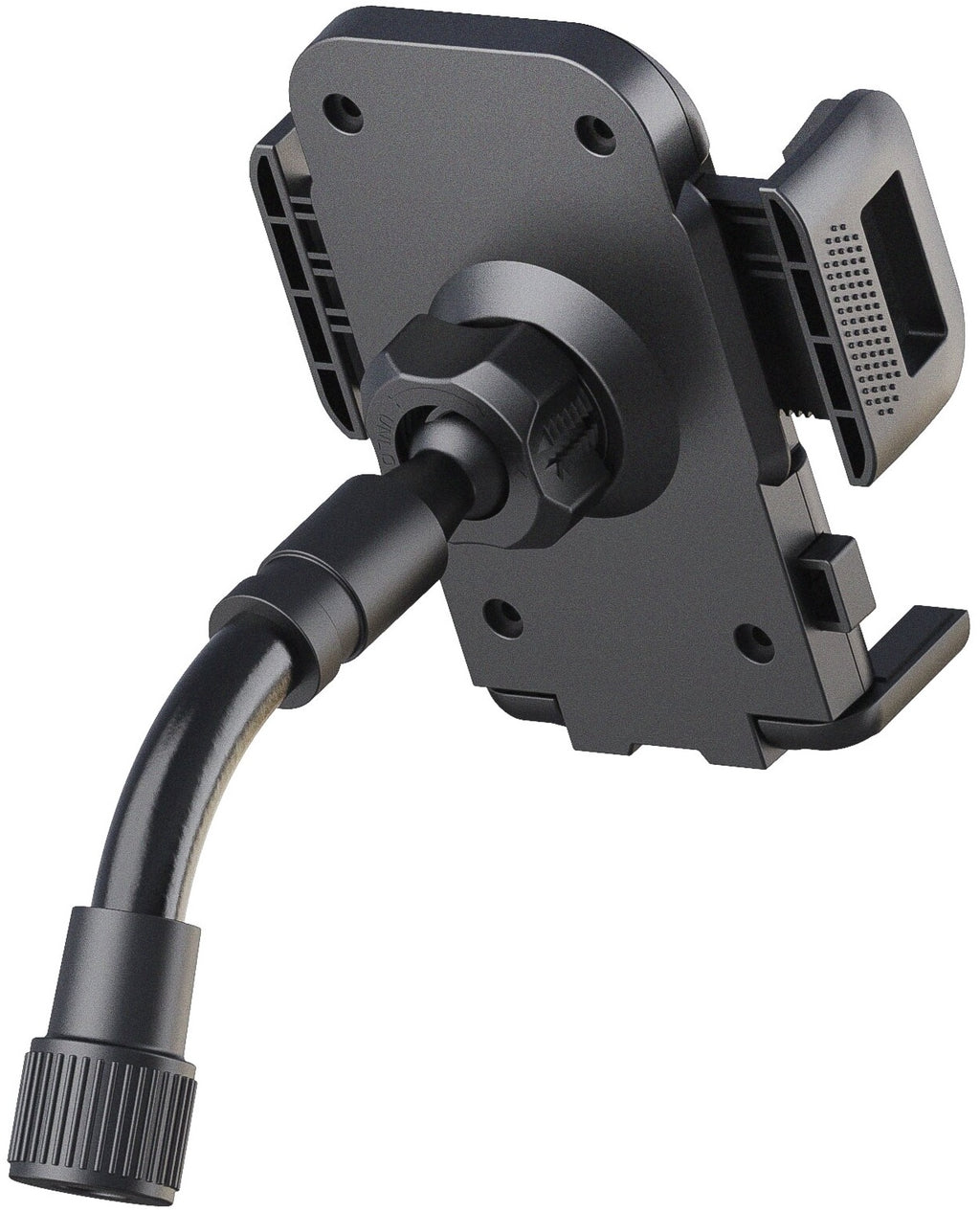 K&M 19762 smartphone holder attached to a microphone multimedia stand, showing adjustable grip for secure smartphone placement.
