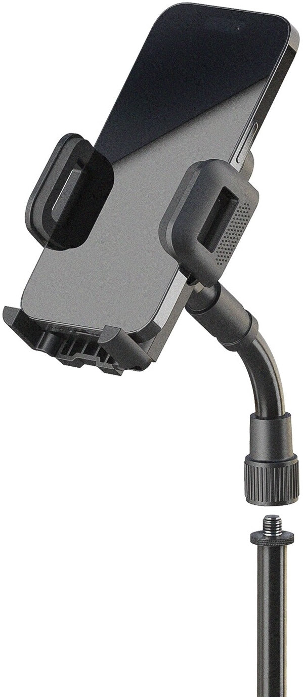 K&M 19762 smartphone holder attached to microphone multimedia stand, adjustable mount for secure phone positioning.