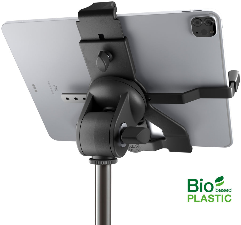 K&M 19775 multimedia microphone stand with adjustable holder and sleek black design, suitable for recording and broadcasting setups.