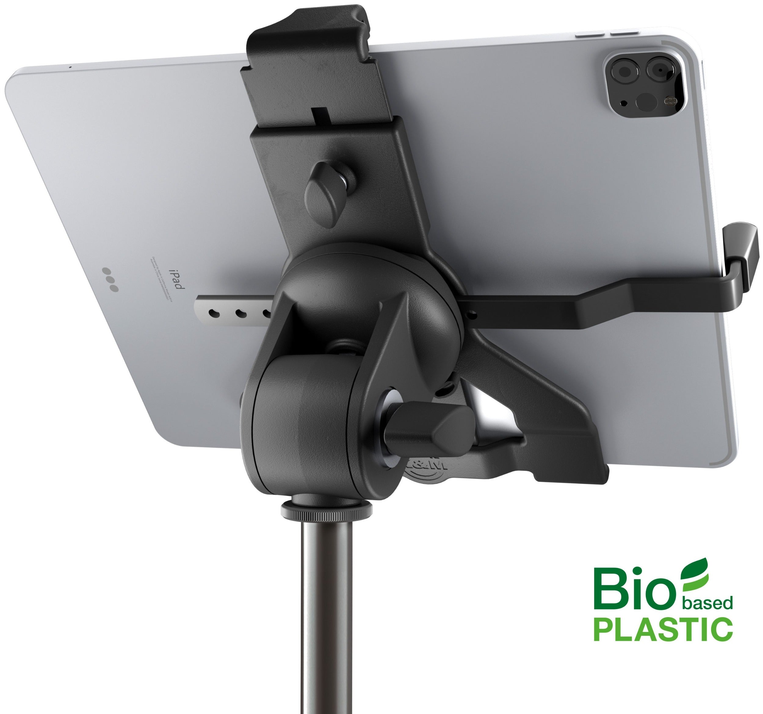 K&M 19775 multimedia microphone stand with adjustable holder and sleek black design, suitable for recording and broadcasting setups.