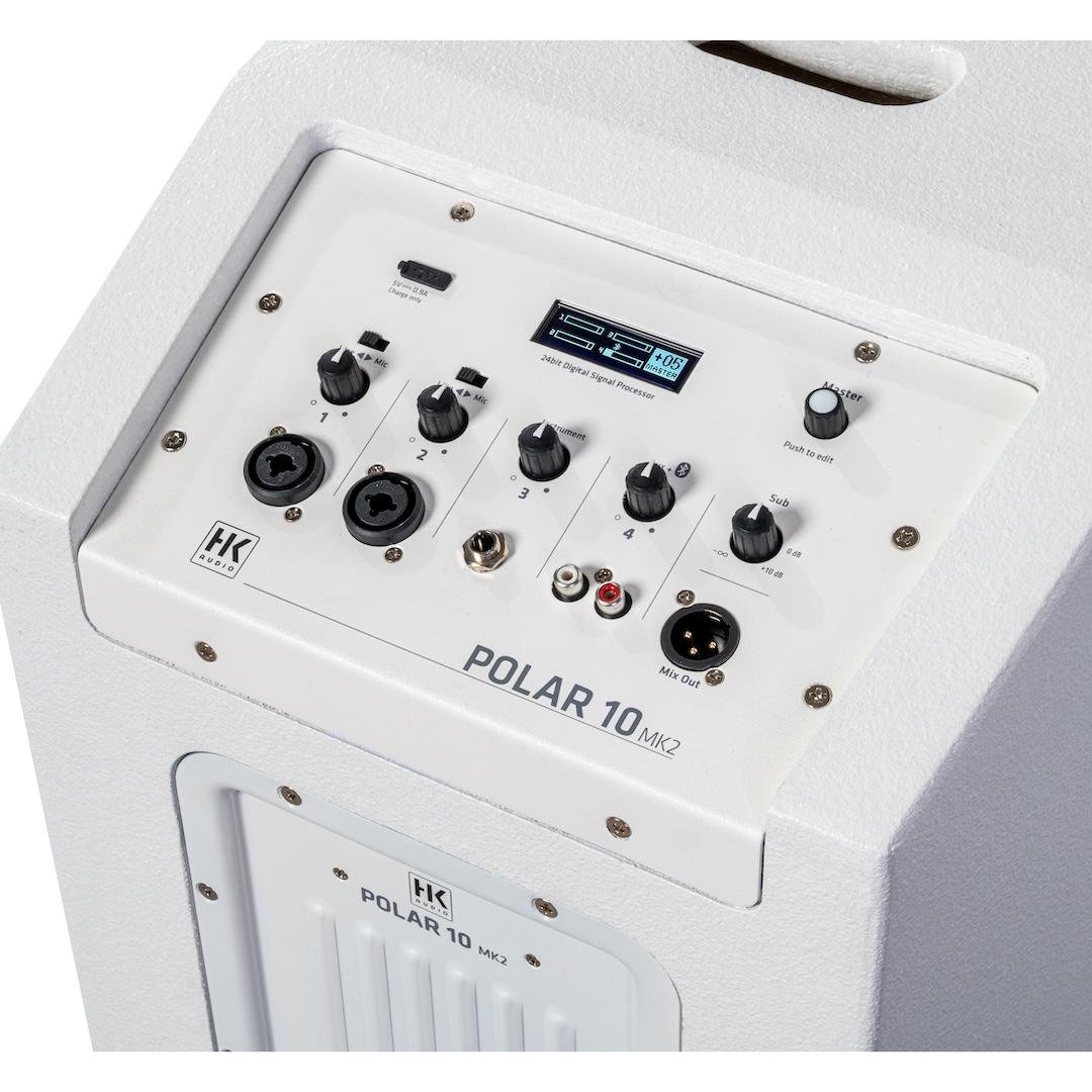 HK Audio POLAR 10 MK2 active column speaker with sleek black design and multiple speaker drivers visible.