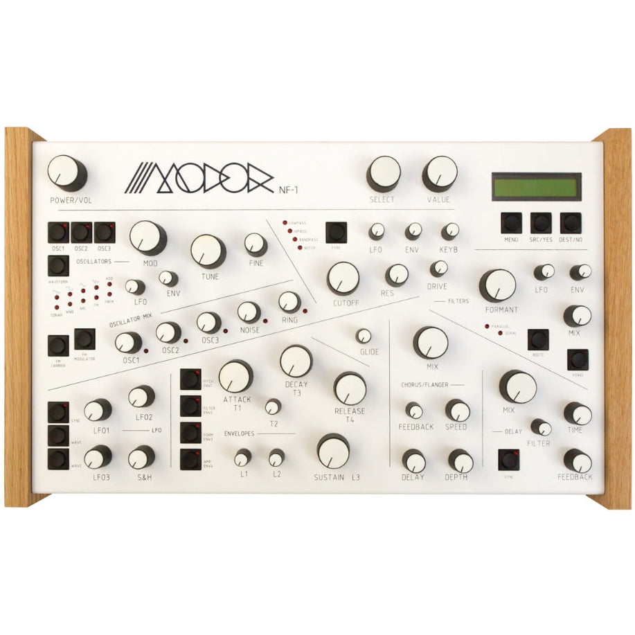 Modor NF-1 desktop synthesizer with knobs, buttons, and a small display, shown from a front view.