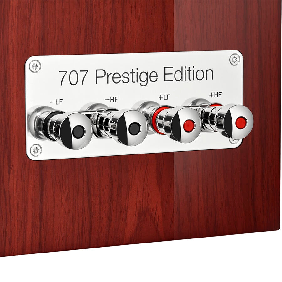 Bowers & Wilkins 707 S3 Prestige passive bookshelf speakers with black enclosures and silver accents on front panels.