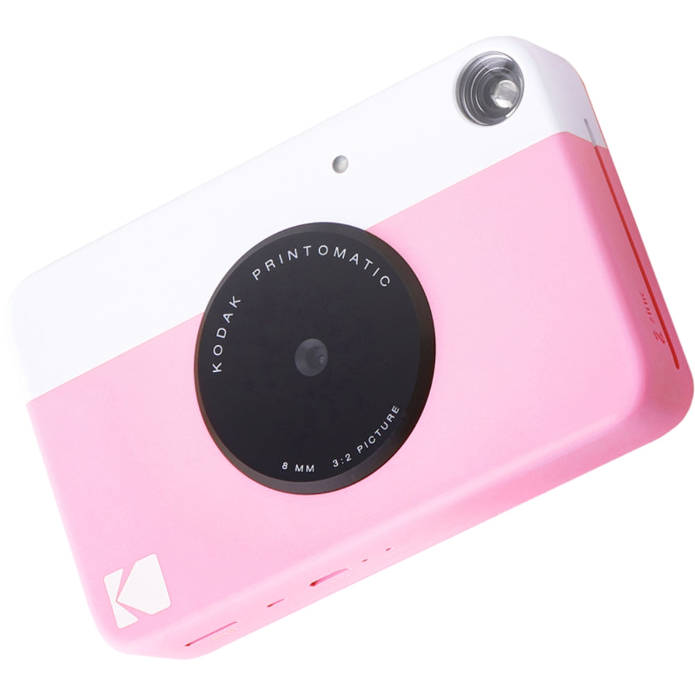Kodak Printomatic instant compact camera with black body and lens, ready for quick photo printing and portable photography.