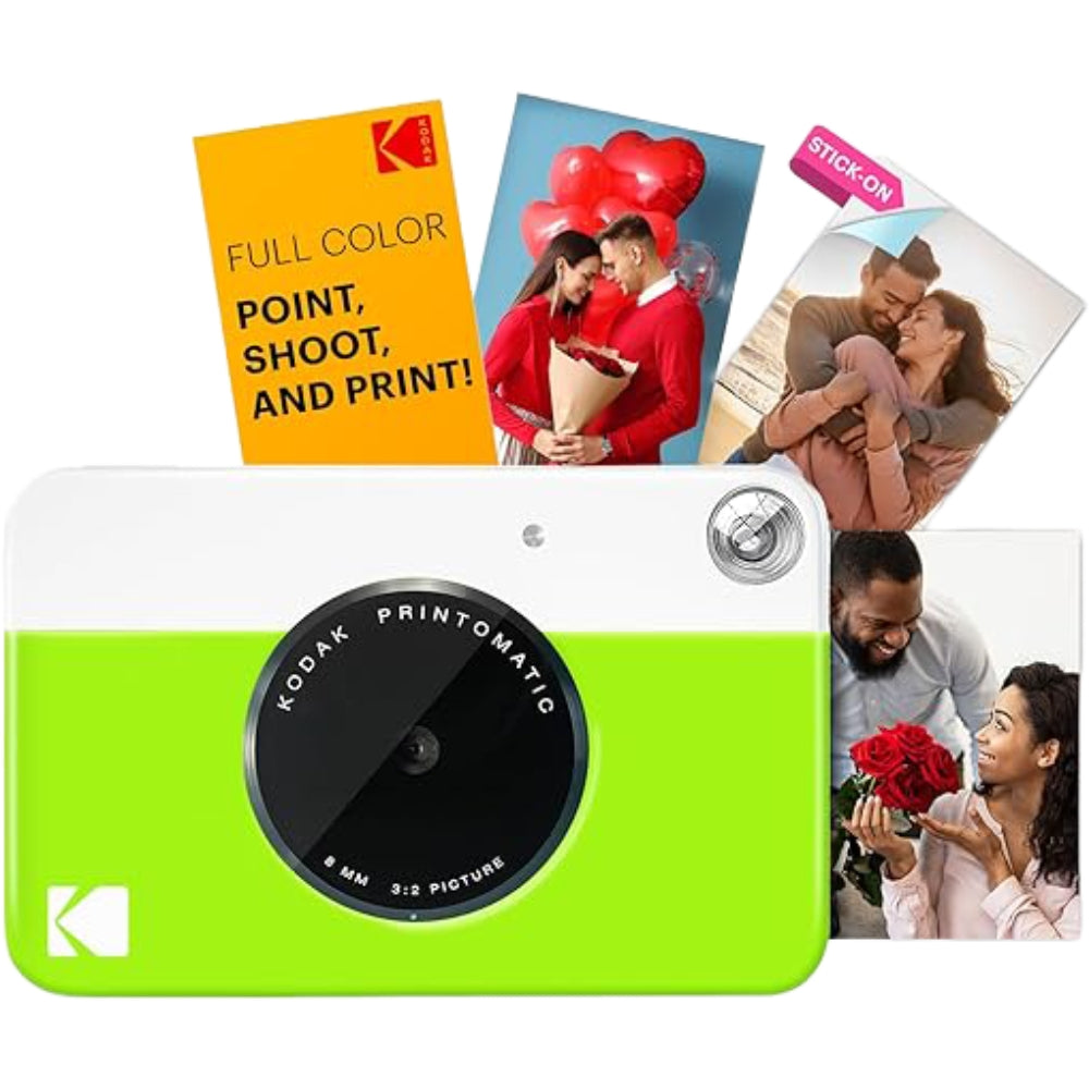 Kodak Printomatic instant compact camera with colorful design and lens, ready for quick photo printing on the go.