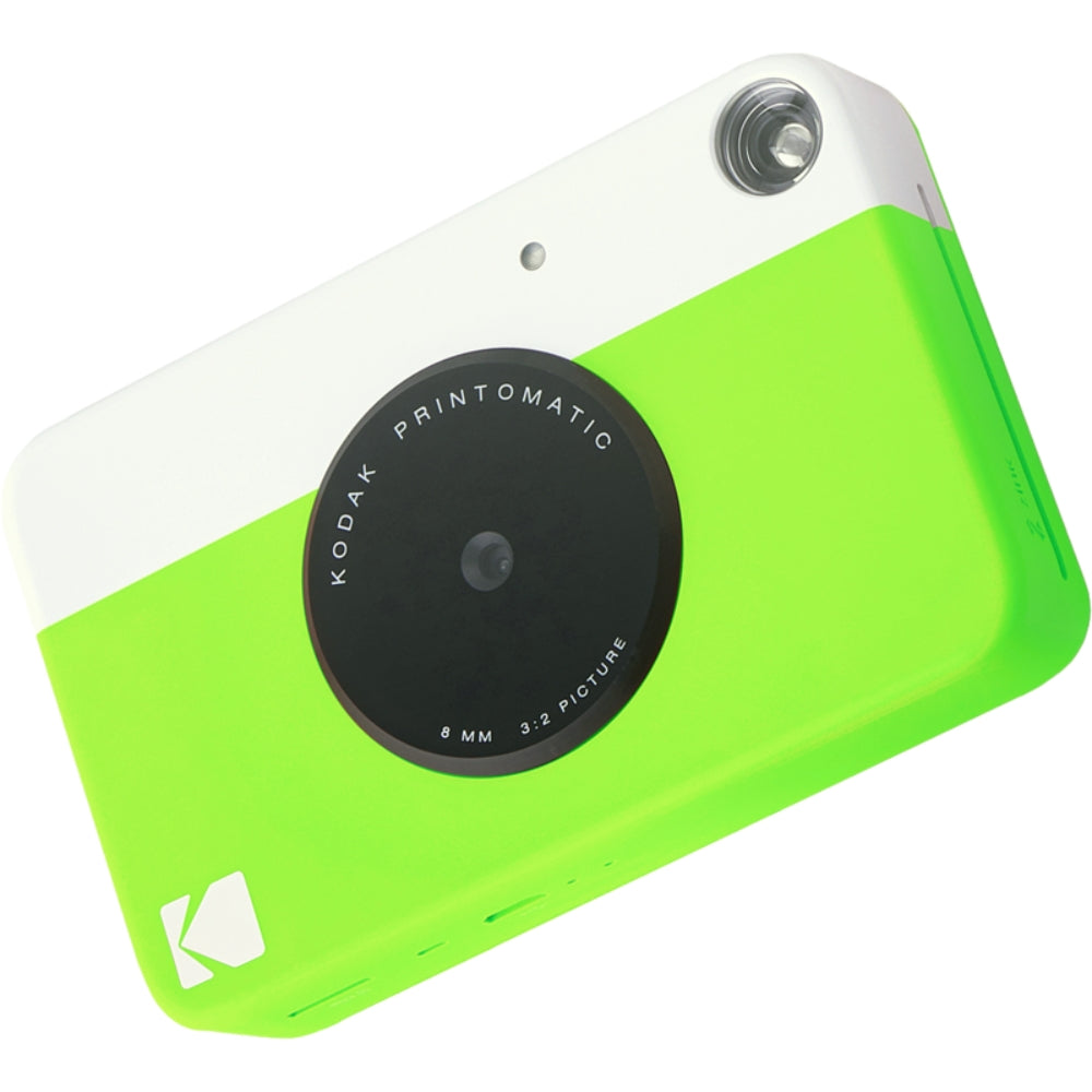 Kodak Printomatic instant compact camera with black body, showing front view with lens and flash for quick photo printing.