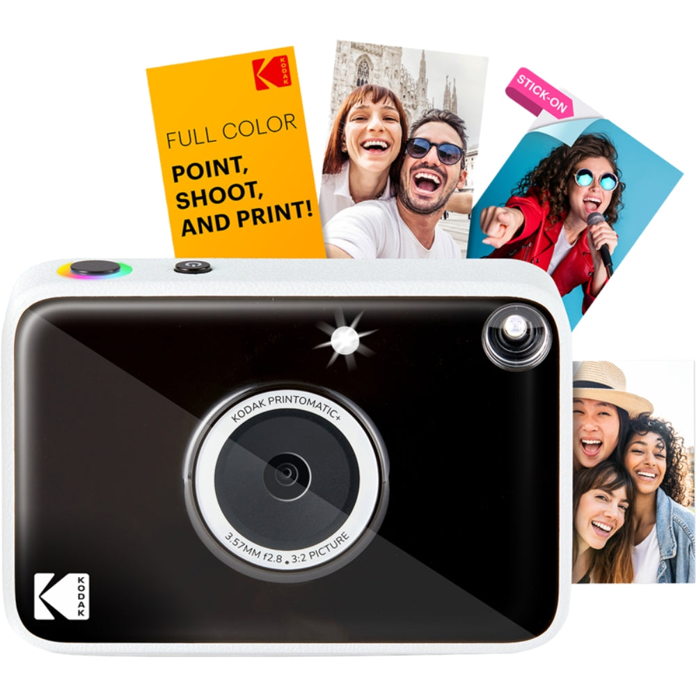 Kodak Printomatic+ instant compact camera with black body and lens, ready to print colorful photos instantly.