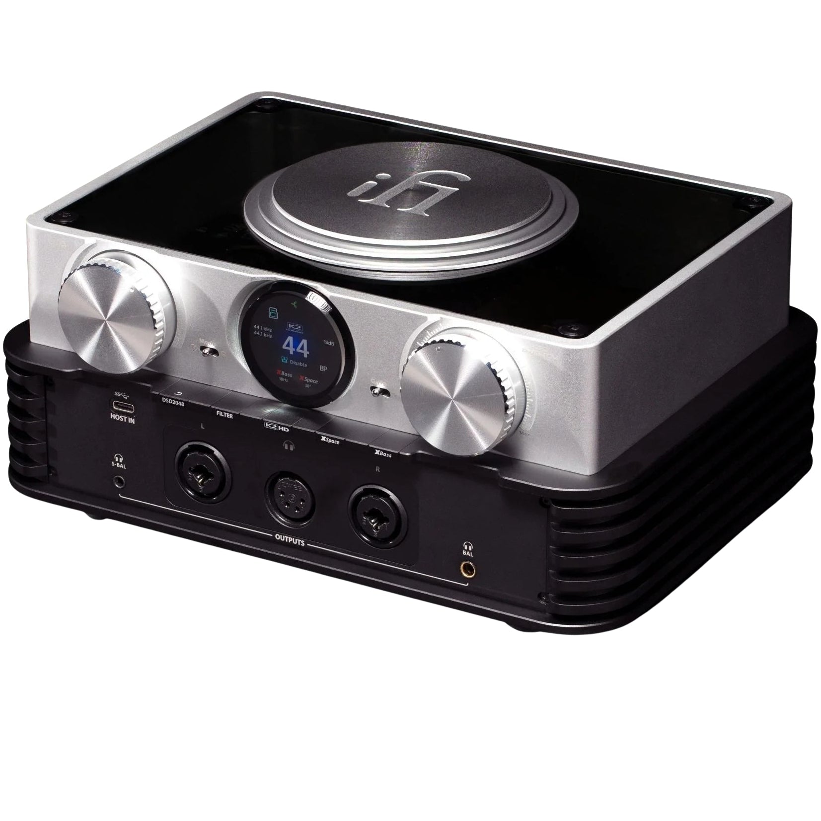 iFi Audio iDSD Phantom headphone amplifier and DAC with sleek black design and multiple input ports, ready for high-quality audio.