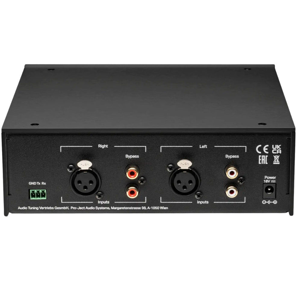 Pro-Ject Head Box DS3 B headphone amplifier and DAC with sleek black design and multiple input/output ports.