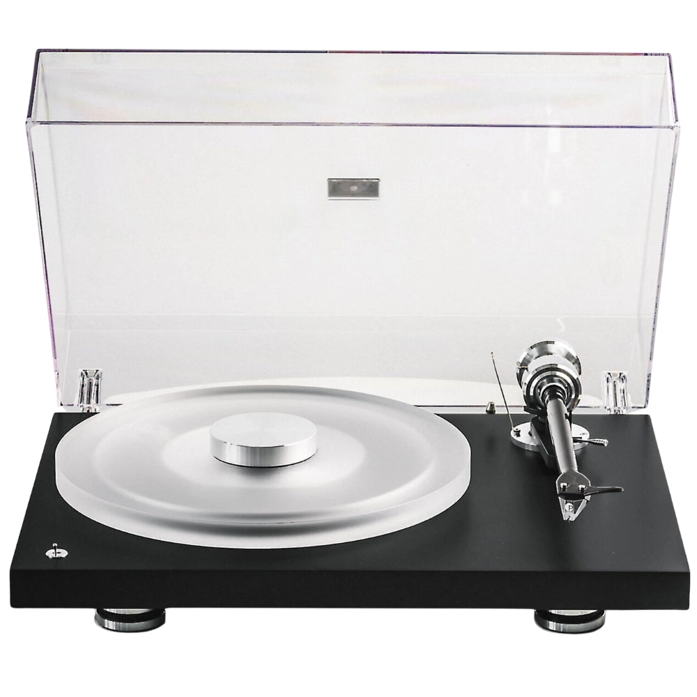 Pro-Ject Debut Reference 10 manual turntable with sleek design and tonearm, showcasing the high-quality audio equipment.