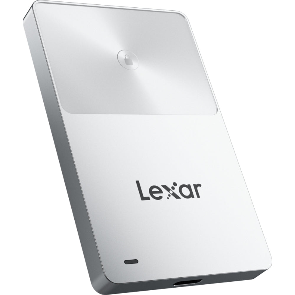 Lexar TouchLock Portable SSD external drive with secure fingerprint locking, compact design, and USB-C connection.