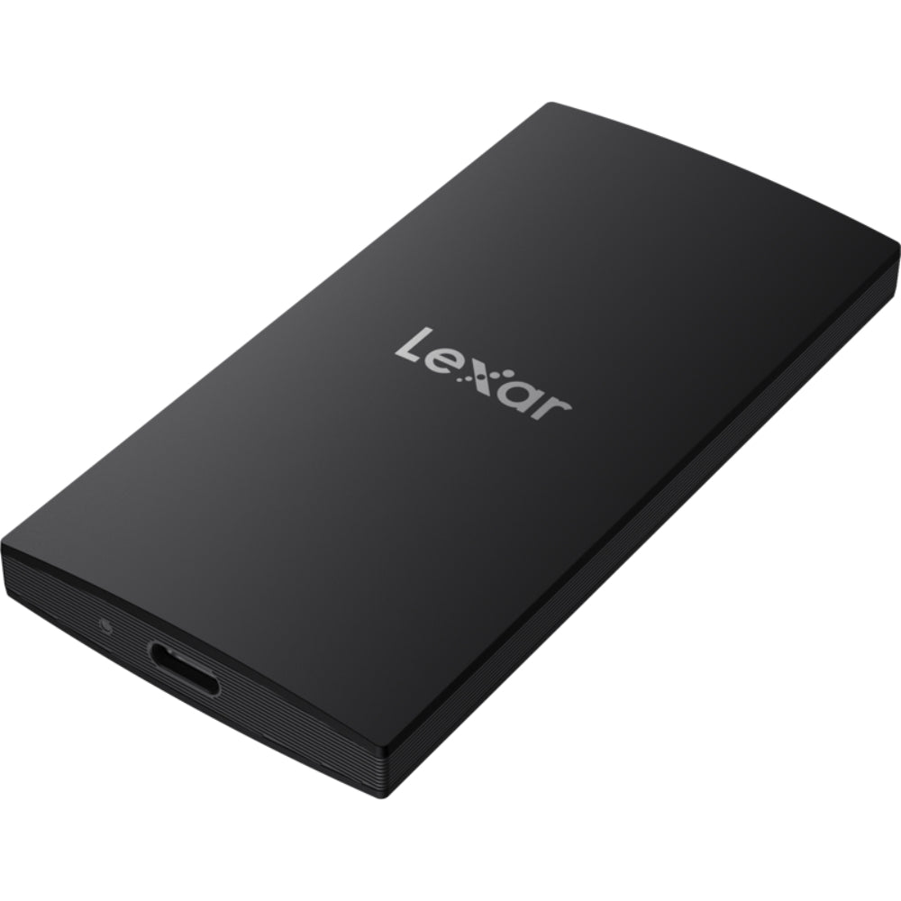 Lexar SL300 Portable SSD external drive with sleek black design and USB-C port for fast data transfer.